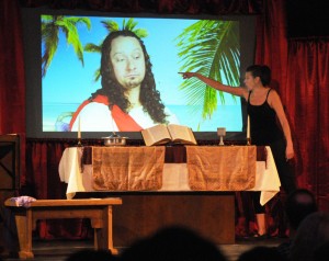 Thea_JeGus_Chat_WEB Thea confronts Jesus, who's vacationing on a beach.
